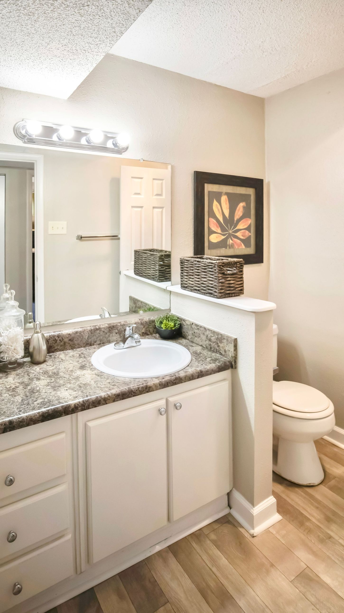 A bathroom with a sink , toilet and mirror.