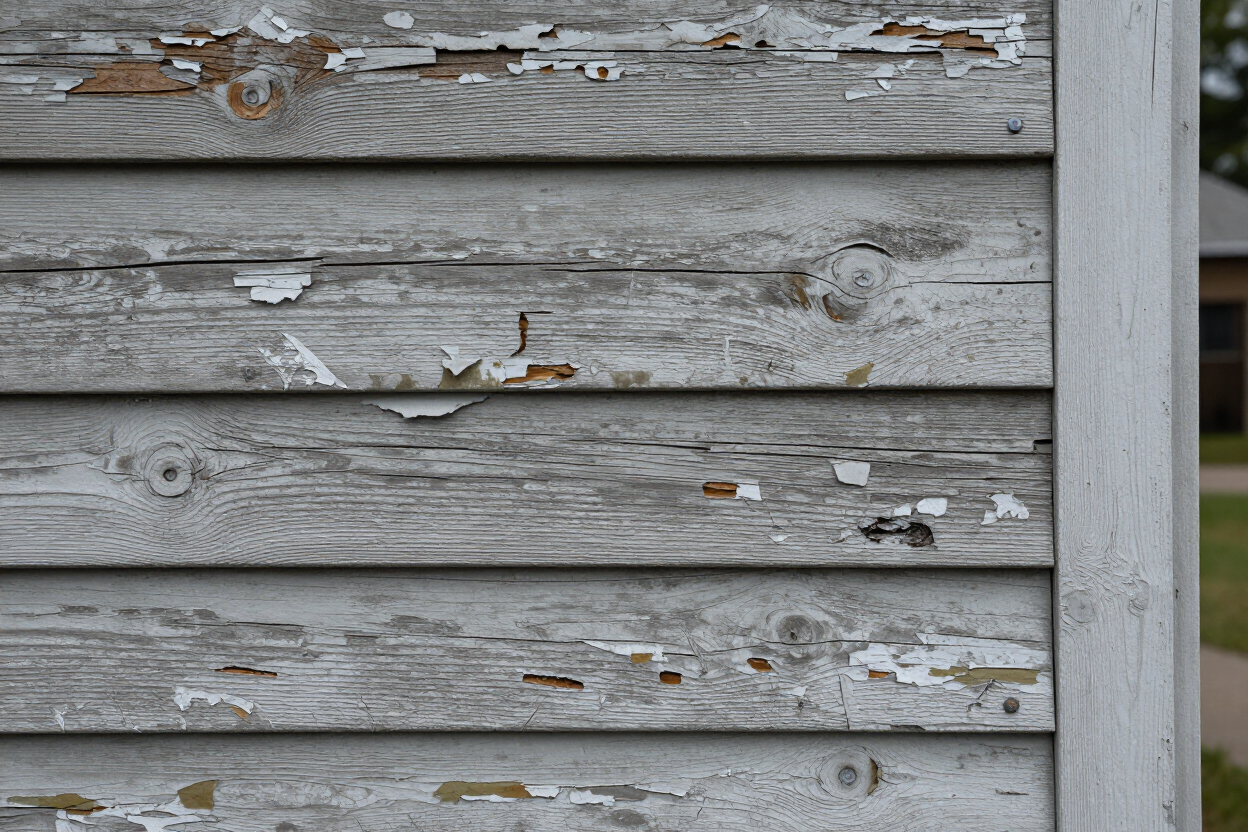 Peeling exterior paint and moisture damage on residential wood siding in the Lake of the Ozarks area.