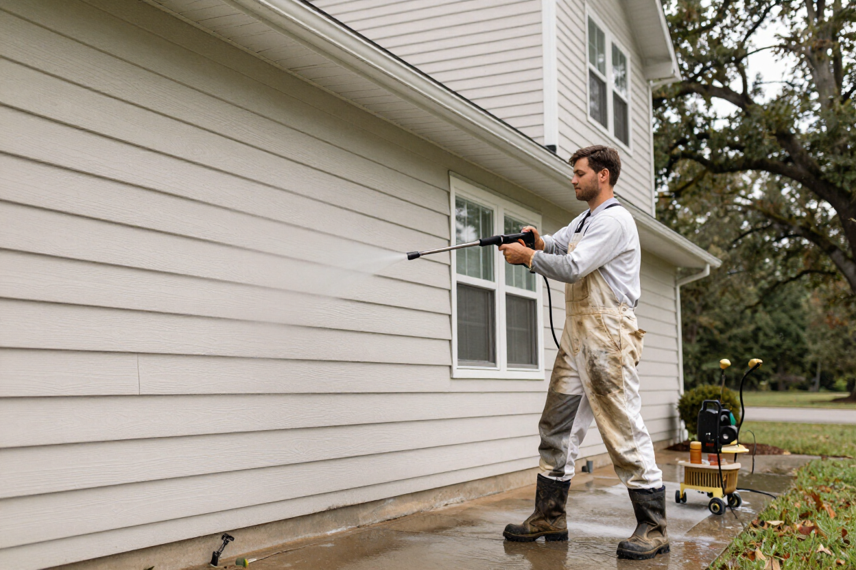 Arctic Renovations contractor pressure washing and preparing exterior siding before painting a Lake of the Ozarks home.