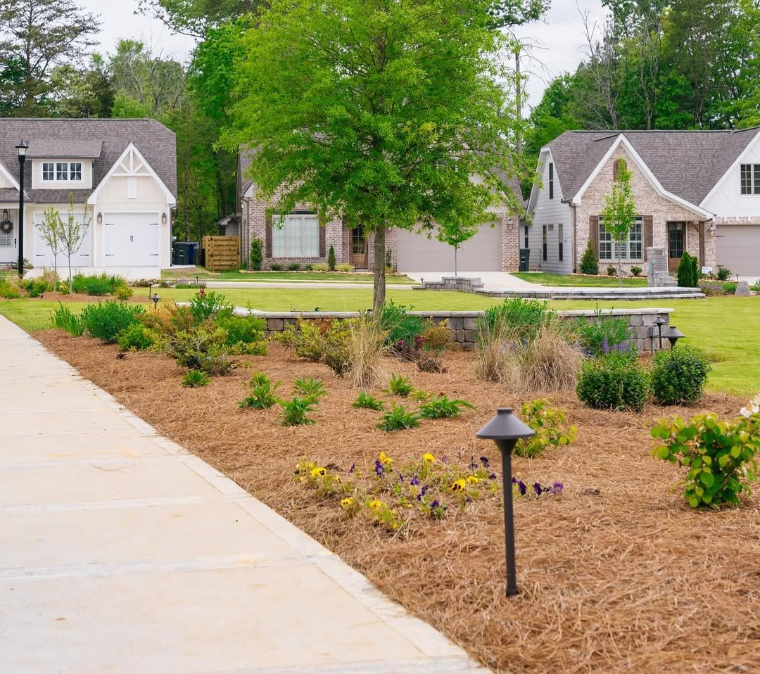 Sidewalk lined with landscaped garden beds in front of suburban houses.
