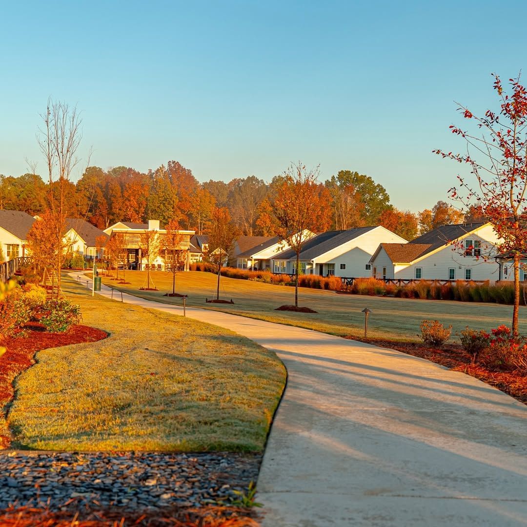 Suburban street with houses and autumn trees under a clear blue sky.