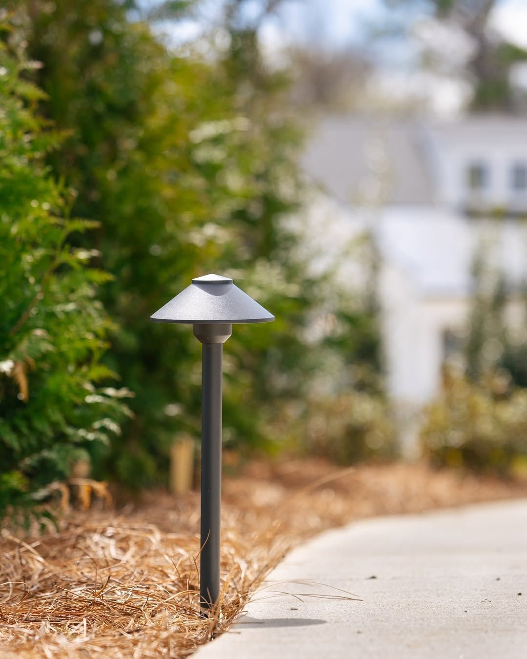 Black landscape light post along a concrete path, with greenery in the background.
