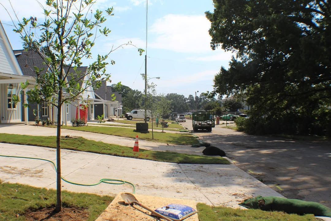 New homes under construction with freshly laid sod along a street.