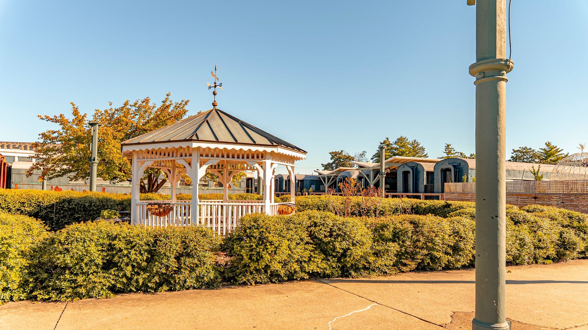 White gazebo in a garden surrounded by green bushes. Blue sky in the background.