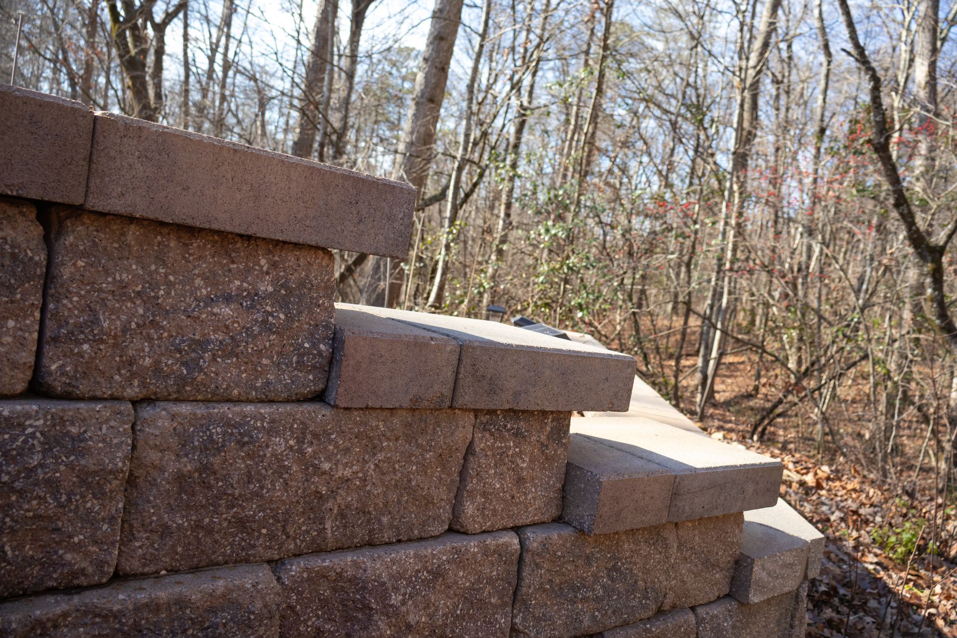 Stone retaining wall in a wooded area with bare trees in the background.