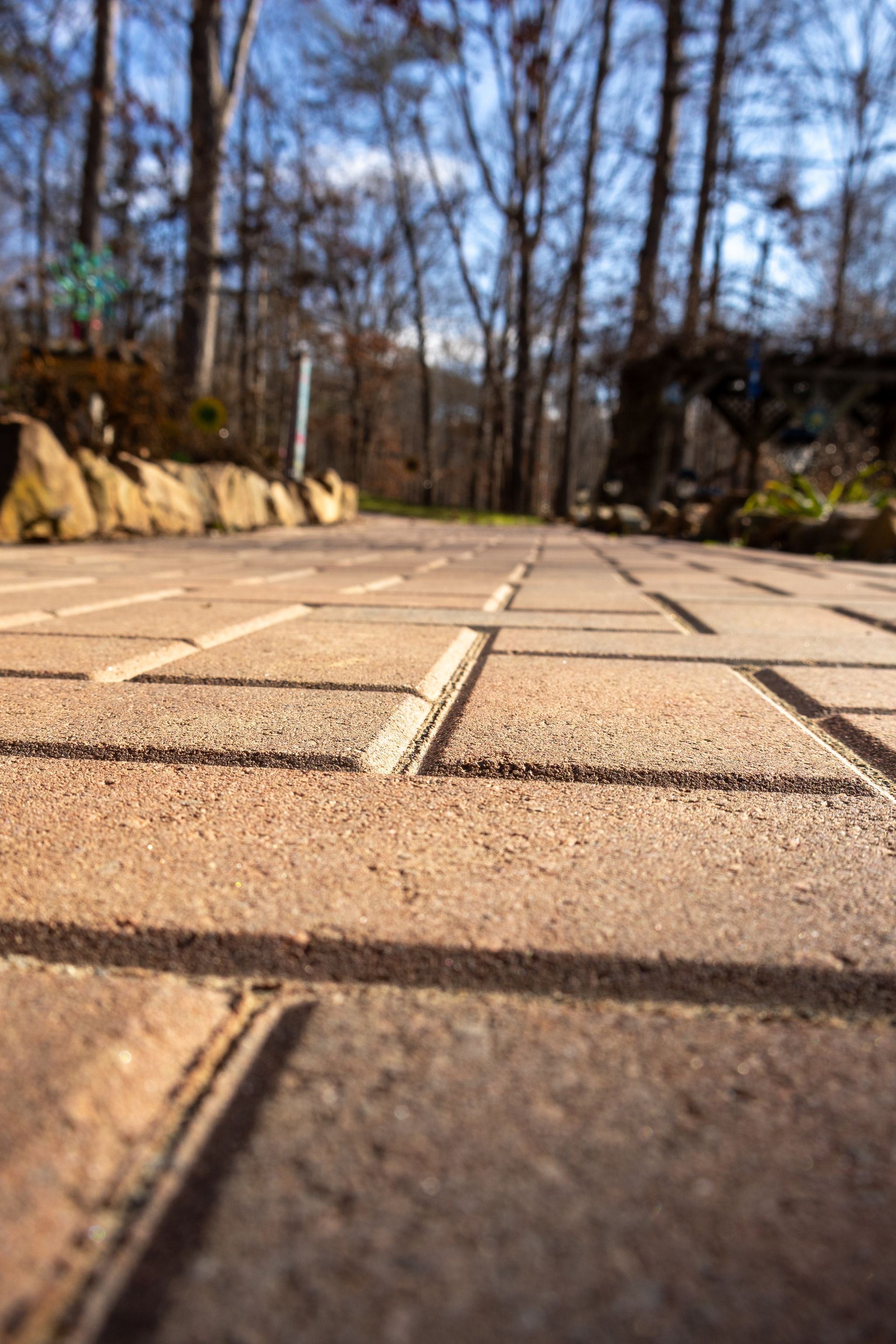 Brick path receding into a blurred background of trees and a bright blue sky.