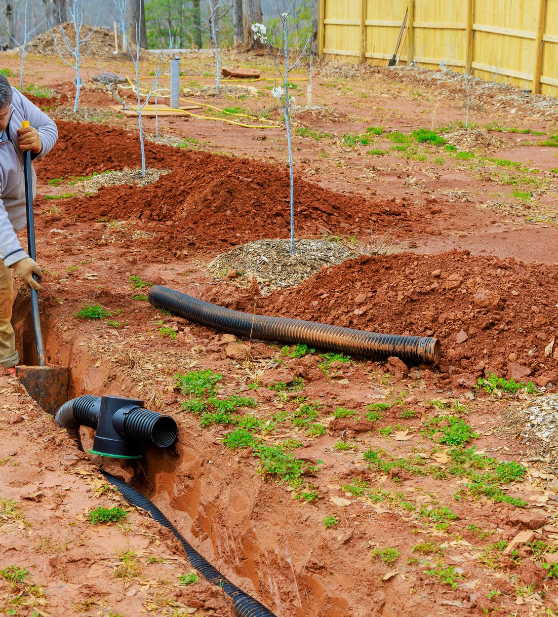 Worker digging a trench in a muddy garden with black pipe laid beside it