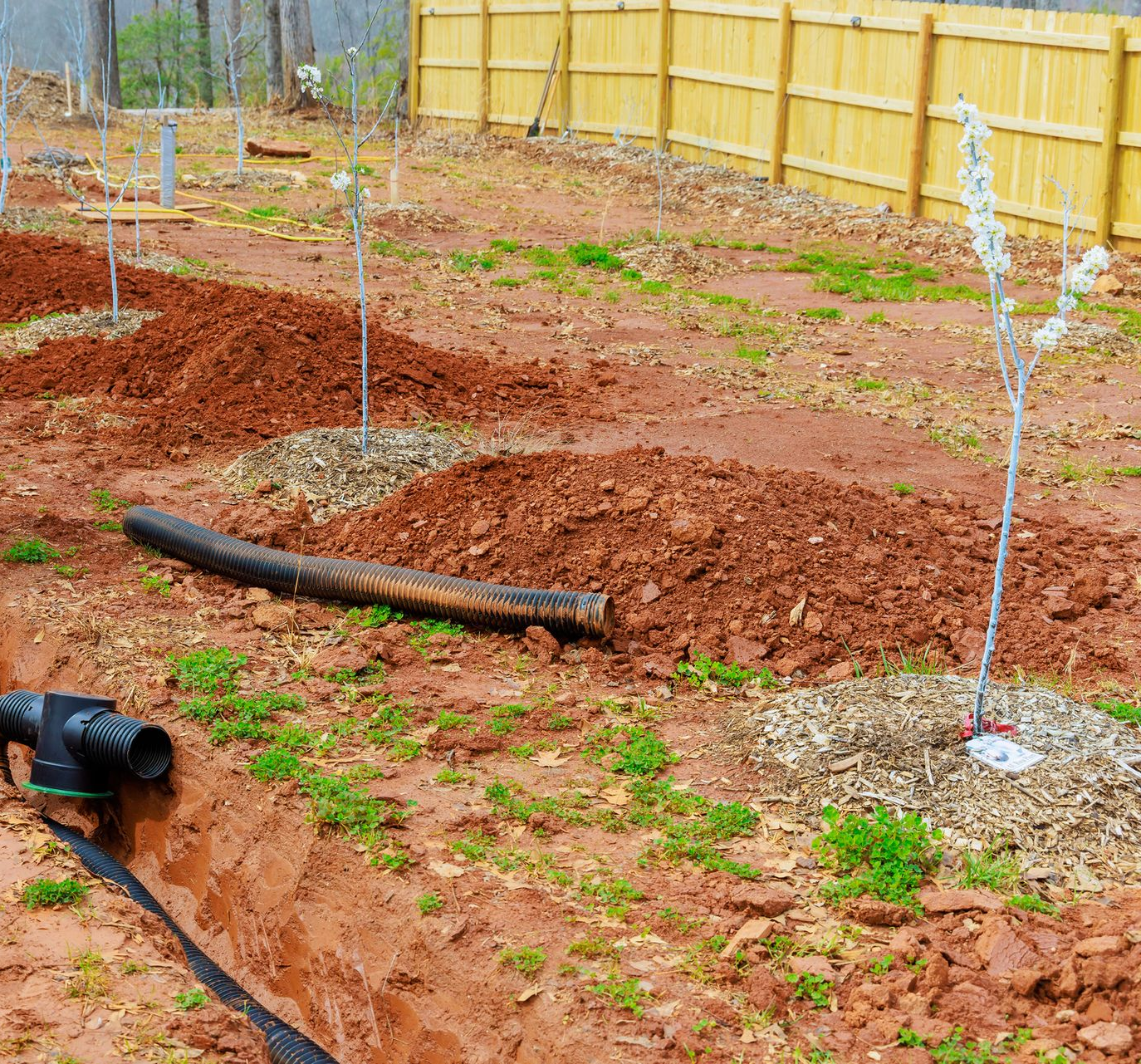 Landscape with freshly dug garden beds, mulch piles, and drainage pipe near a wooden fence.