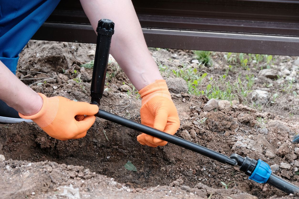 Person wearing orange gloves connects black irrigation tubing in a garden bed.