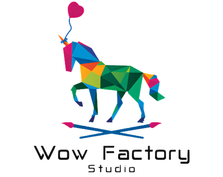 Colorful low-poly unicorn logo with “Wow Factory Studio” text