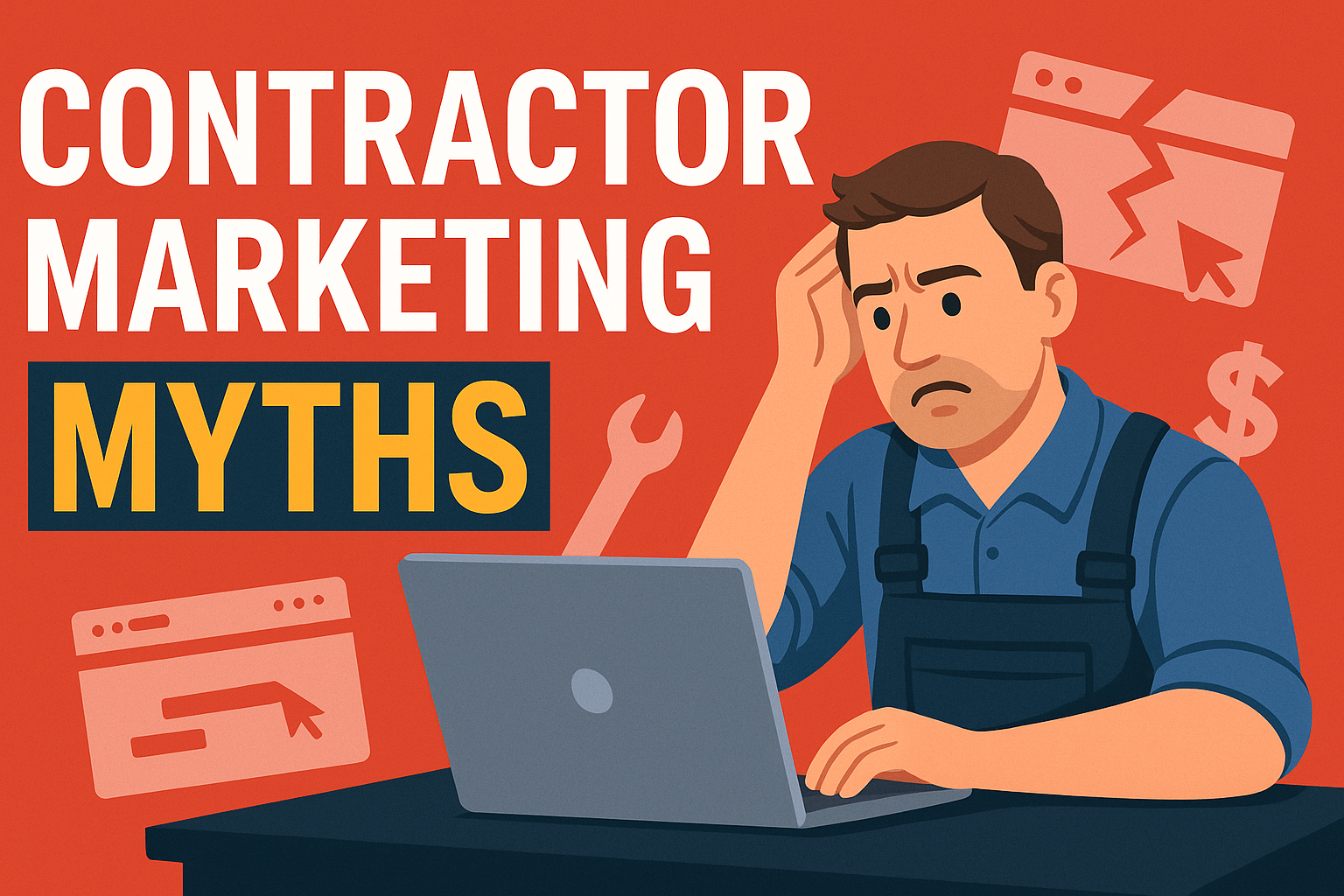 A stressed contractor sits at a laptop with the title
