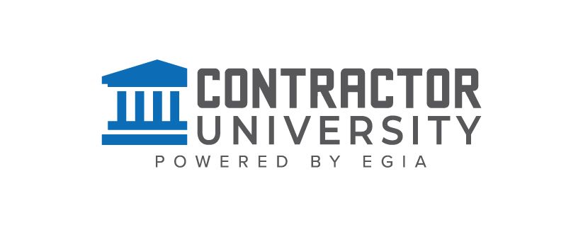 Logo for Contractor University, powered by EGIA. Features a blue building icon and gray text.