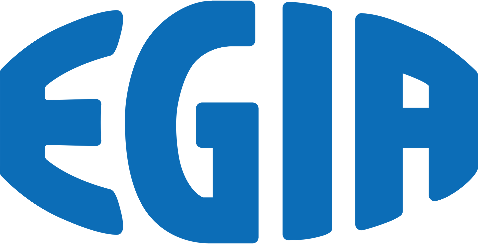 Blue logo with the letters EGIA inside an oval shape.