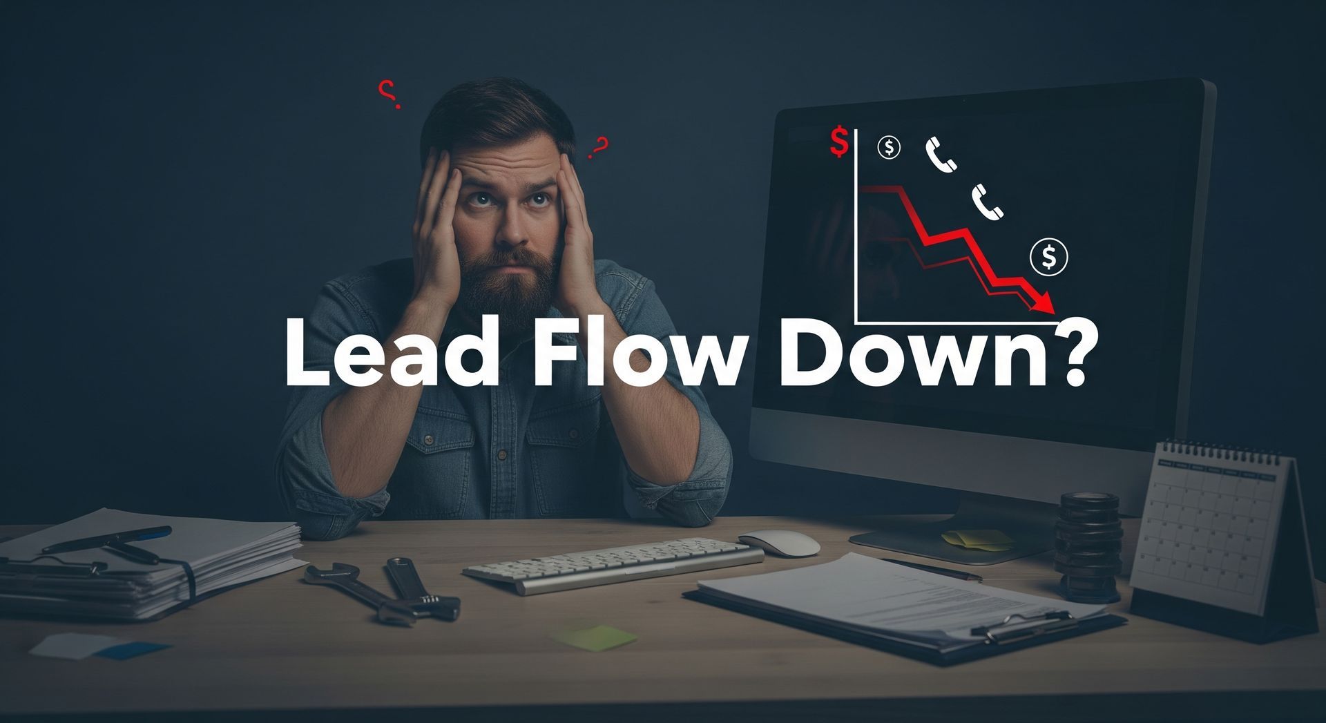 A frustrated HVAC or plumbing contractor sits at a messy desk, looking stressed at a computer screen showing a red graph with declining leads, indicated by phone and dollar sign icons. Bold white text overlay reads 'Lead Flow Down?'. A wrench, clipboard, and calendar are on the desk.