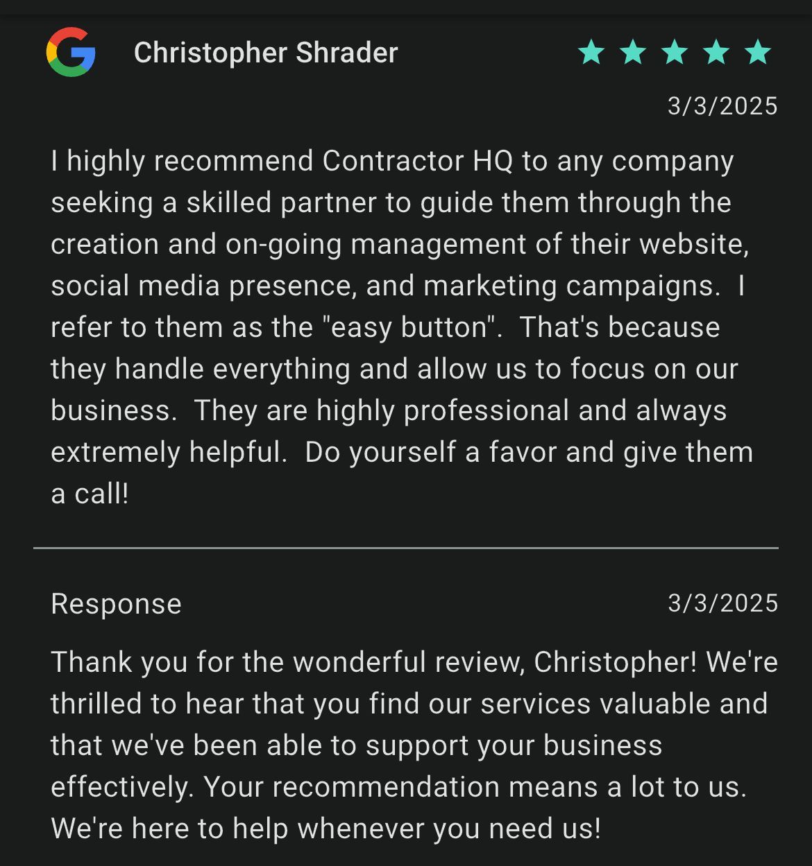 Google Review for Contractor HQ from HVAc company
