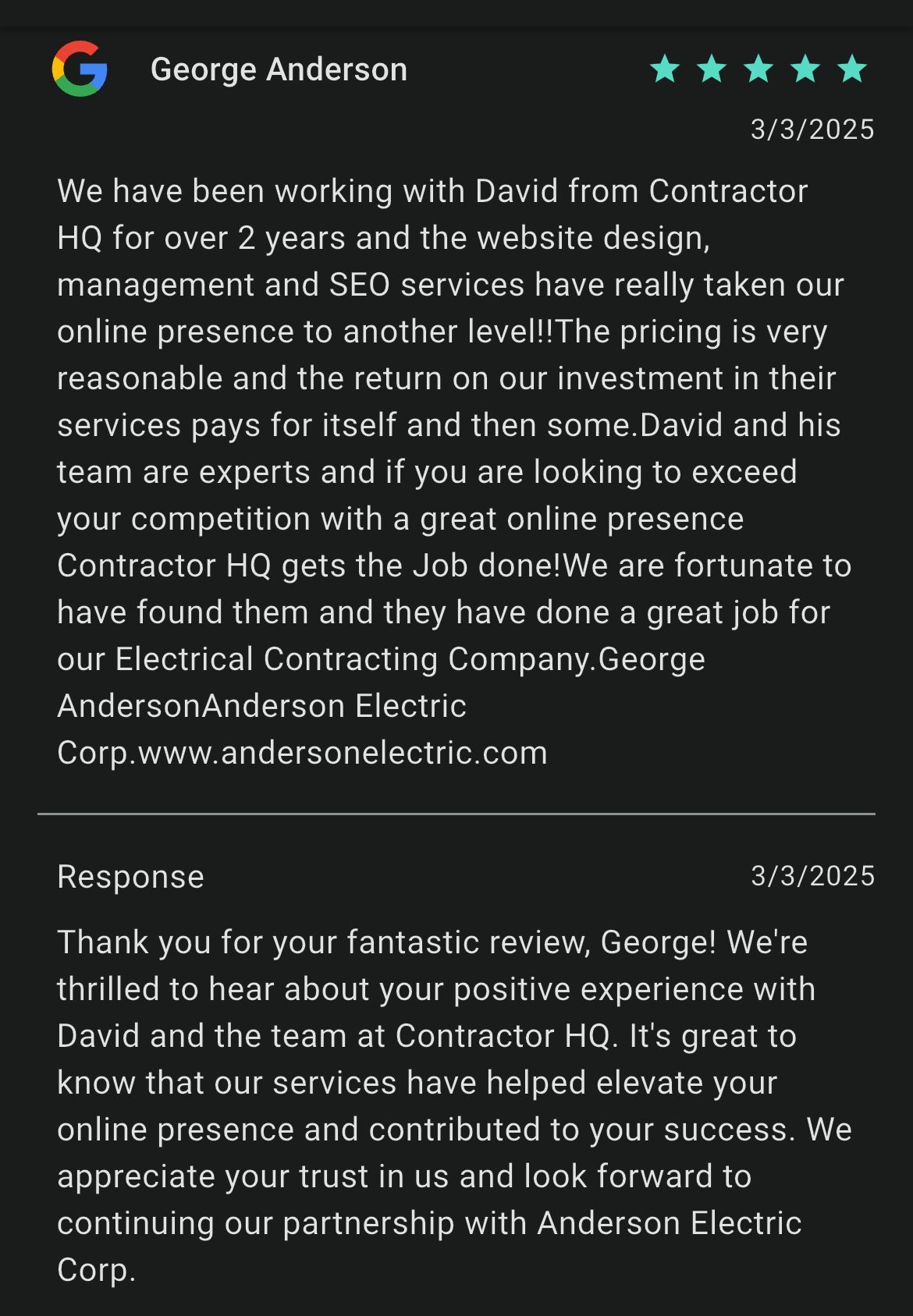 Google Review for Contractor HQ from electrical company