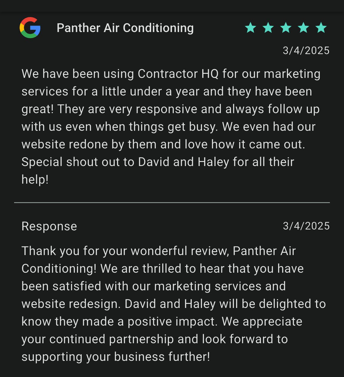 Google Review for Contractor HQ from HVAC company