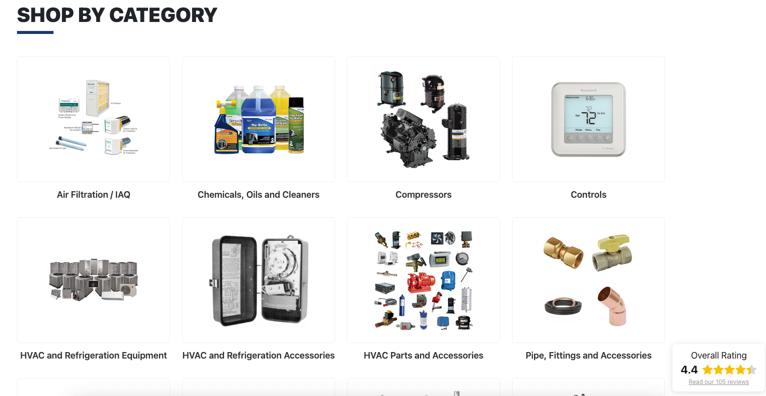Shop by category: Products for plumbing, HVAC, and refrigeration, including parts and equipment.