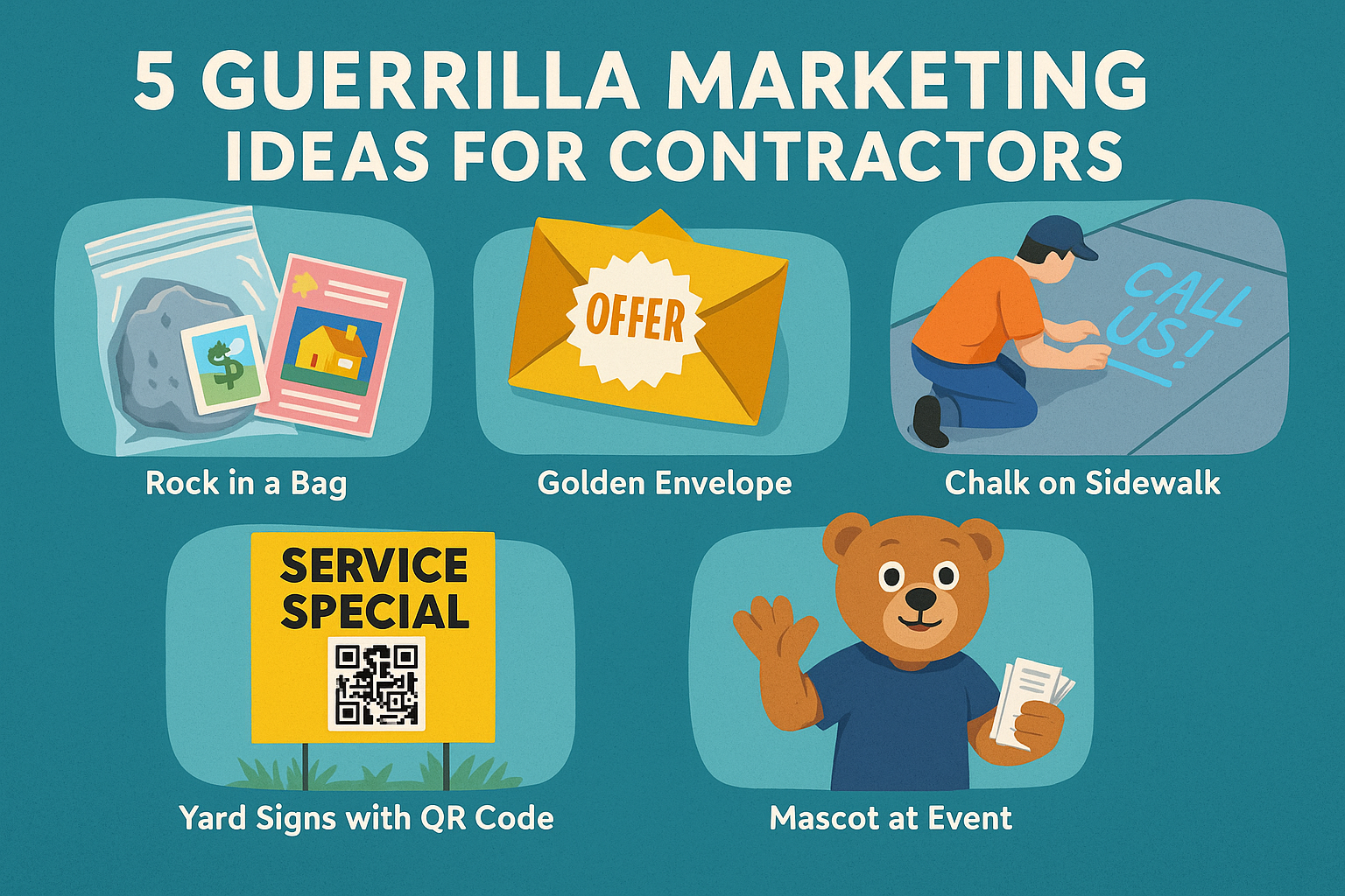 Five guerrilla marketing ideas for contractors: rock bag, gold envelope, chalk ad, yard sign, mascot