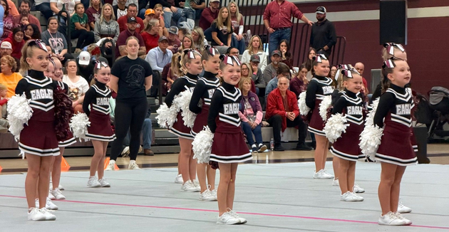 Red, white, and blue pom-poms held high by cheerleaders during a performance.