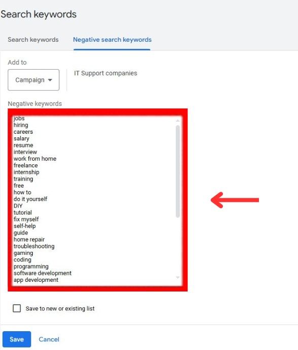 add negative keywords it support