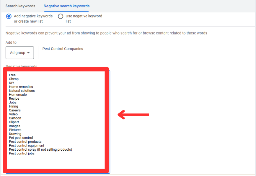 add negative keywords