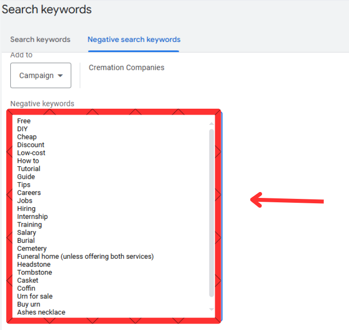 add negative keywords