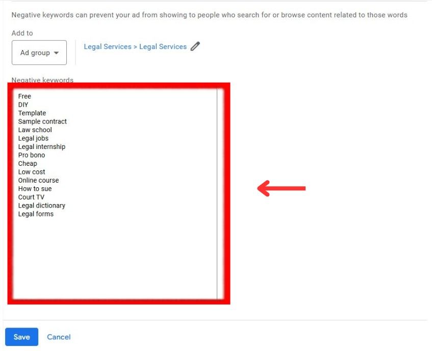 add negative keywords legal services