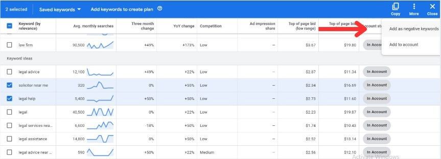 add as negative keywords legal services