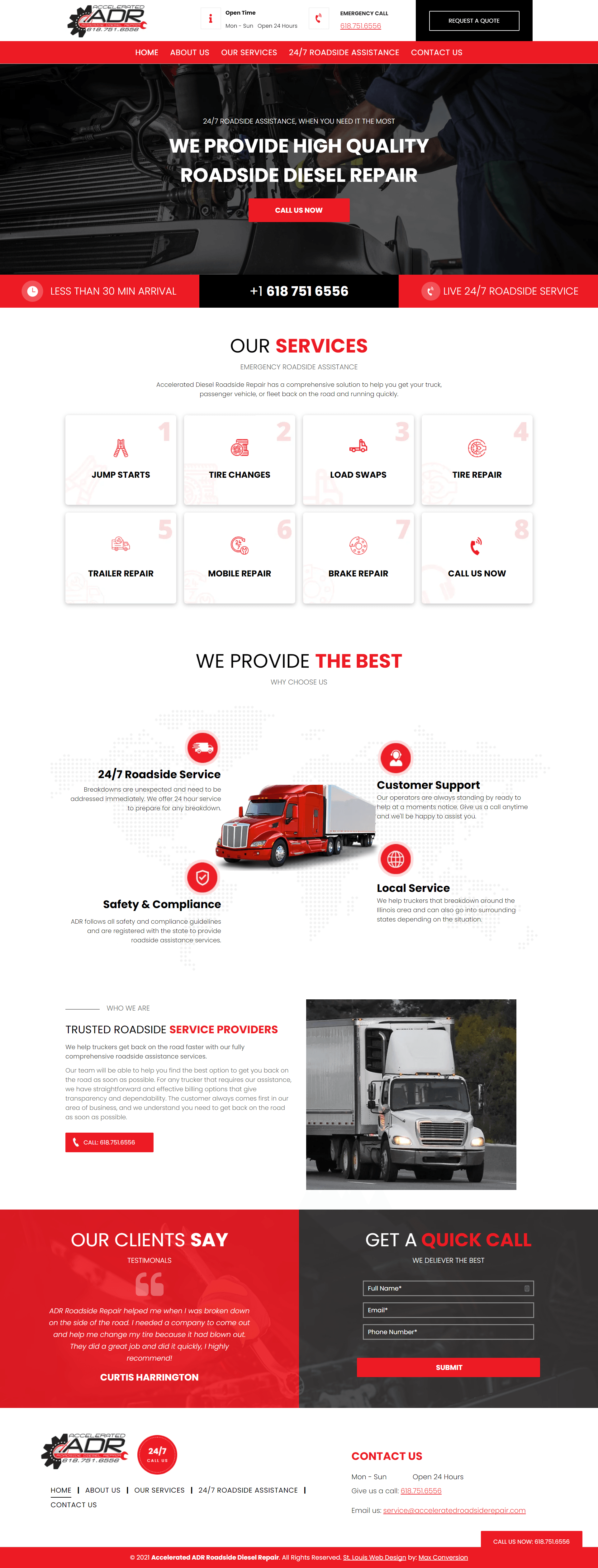 A landing page for a roadside assistance company with a red truck on it.