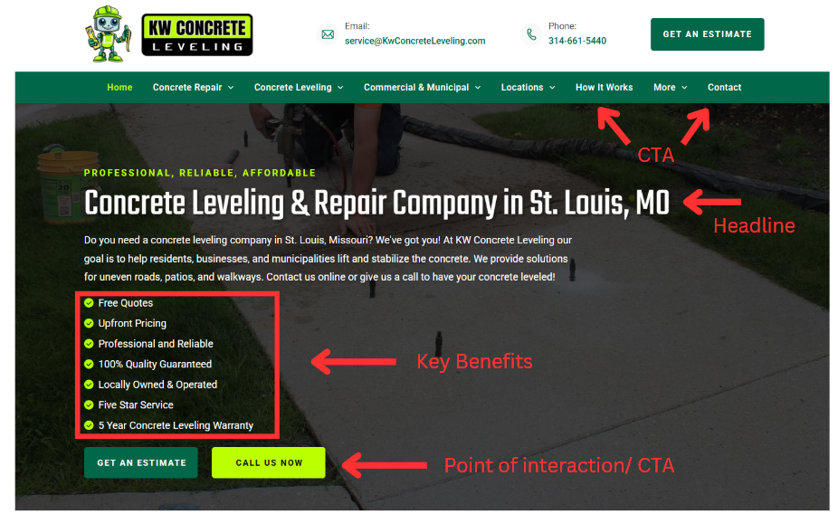 landing pages for concrete leveling companies