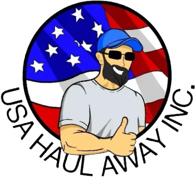 A logo for usa haul away inc. with a man giving a thumbs up