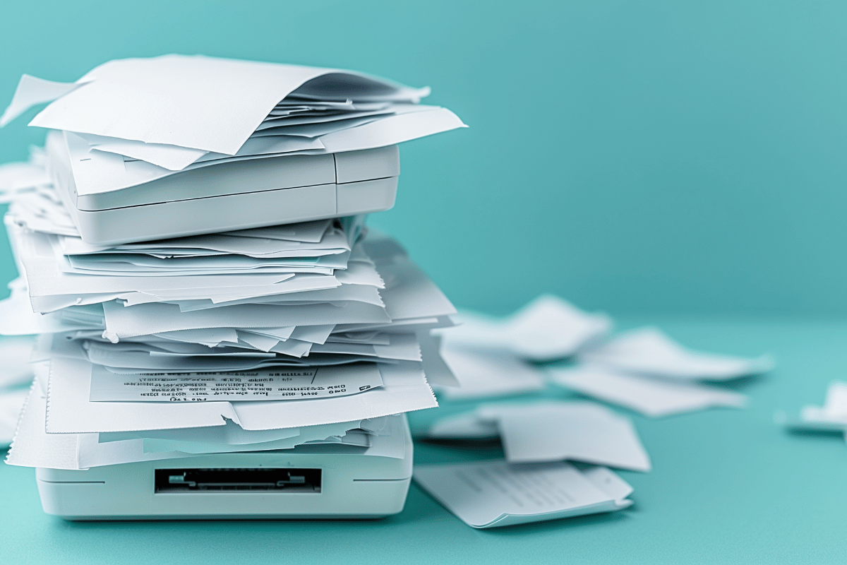 Stack of overflowing papers on a printer against a teal background.