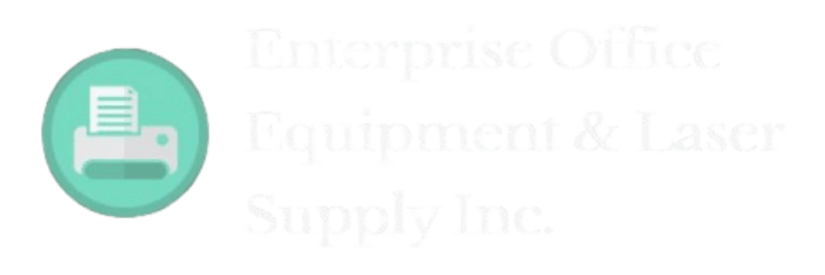 Turquoise circular printer icon beside faint company text