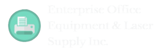 Turquoise circular printer icon beside faint company text
