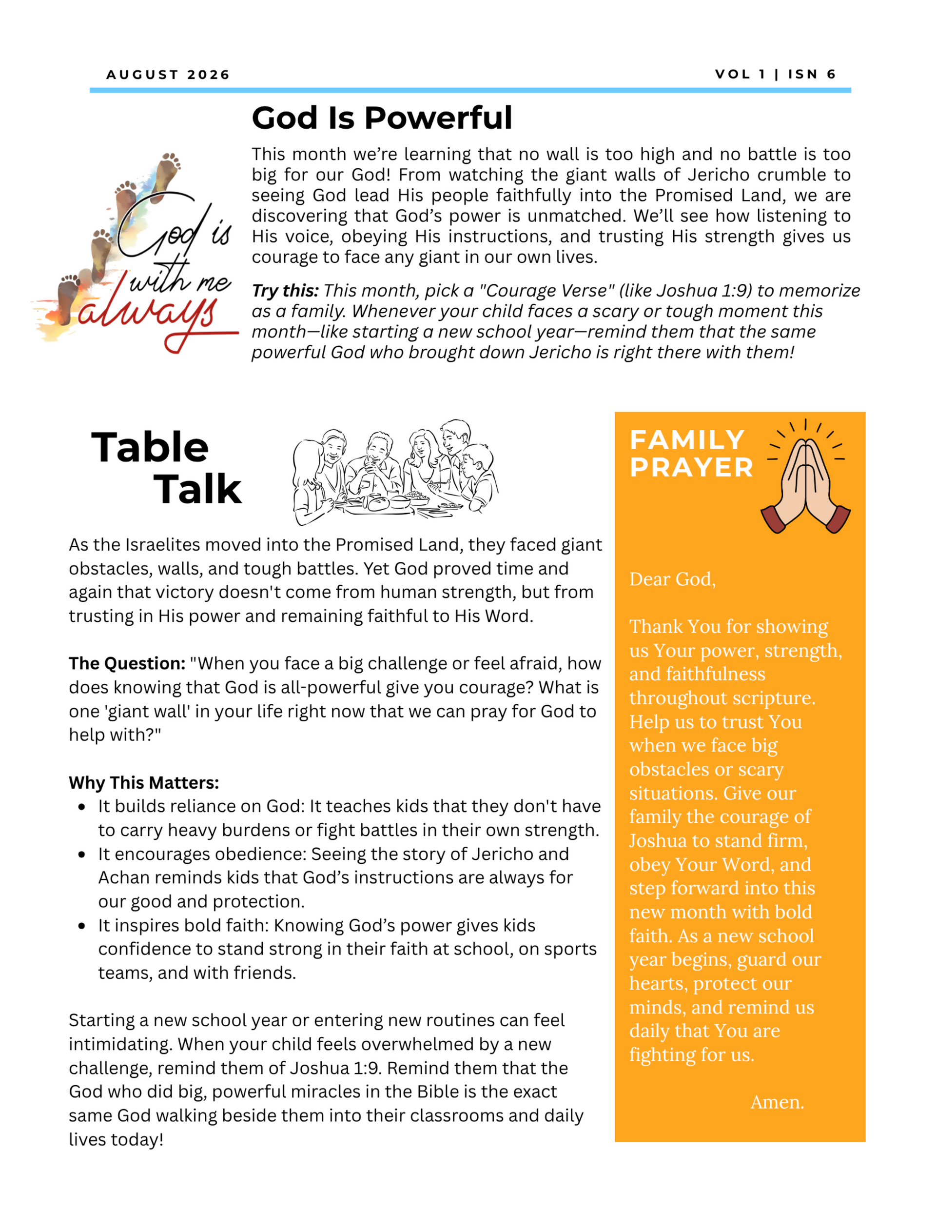 A newsletter about patience; includes a growing seedling, talk topics, and family prayer guide.