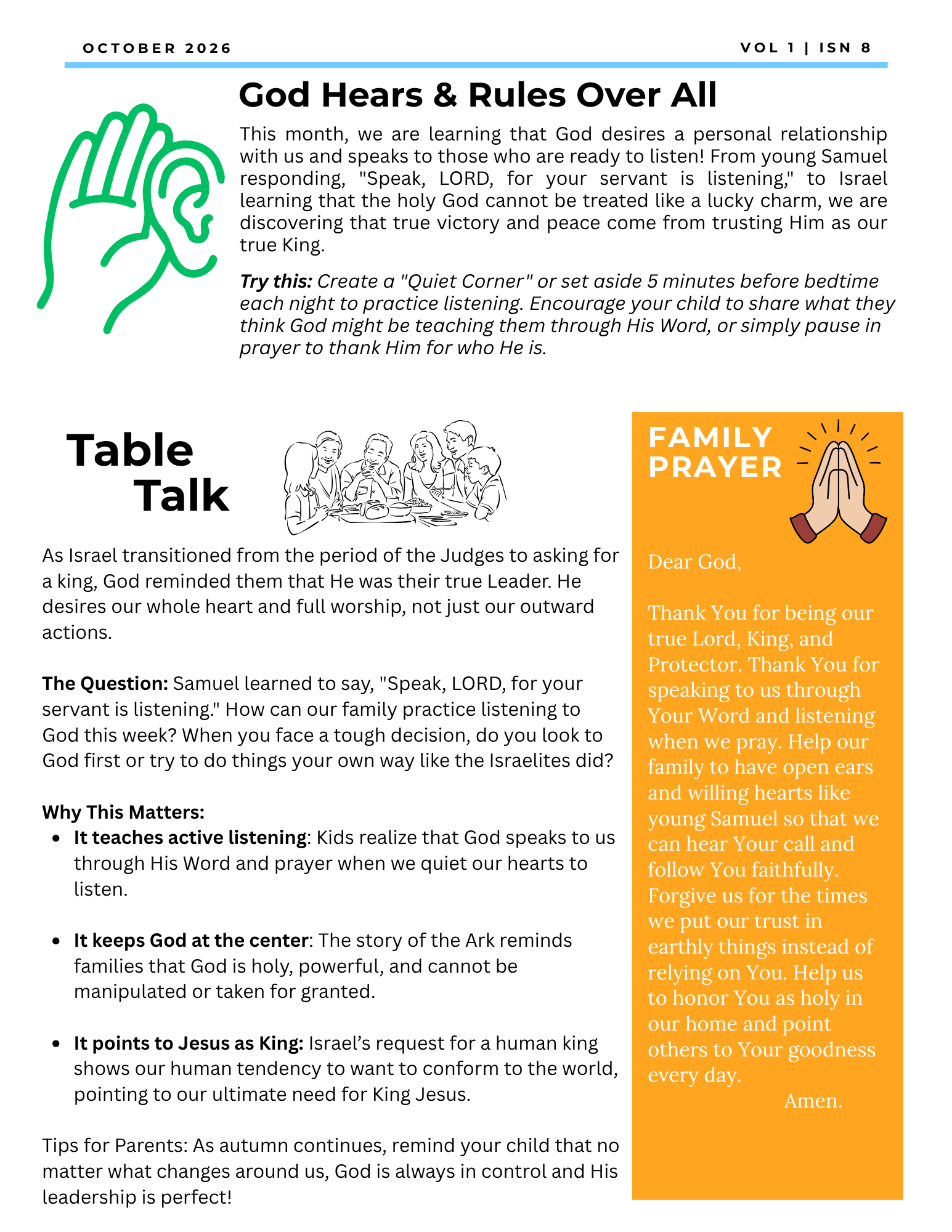 A newsletter about patience; includes a growing seedling, talk topics, and family prayer guide.