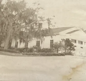 An old, sepia-toned photo shows a white building partially obscured by a large tree.