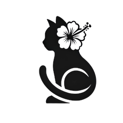 A black cat with a hibiscus flower on its head.