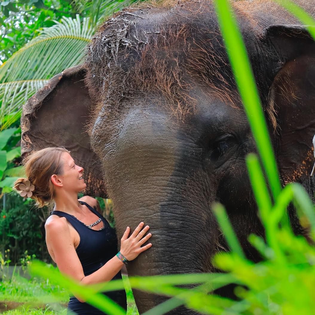 A woman is standing next to an elephant in the grass.