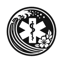 A black and white logo of a medical symbol with a wave and flowers.