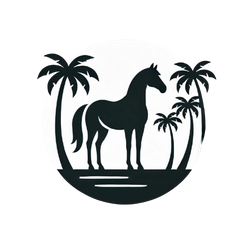 A black and white silhouette of a horse standing next to palm trees.