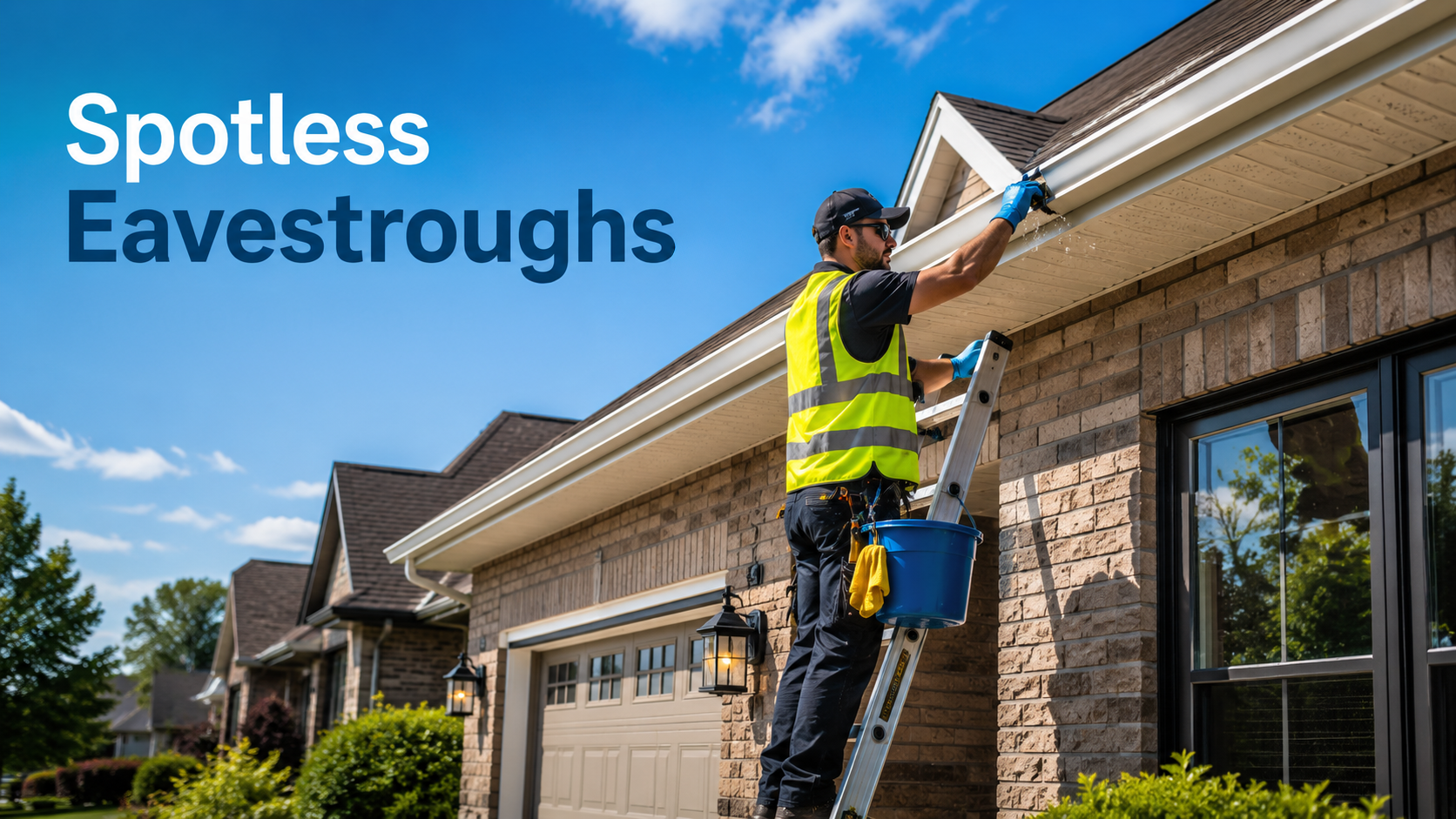 Worker cleaning white eavestroughs on a brick suburban house under a blue sky.