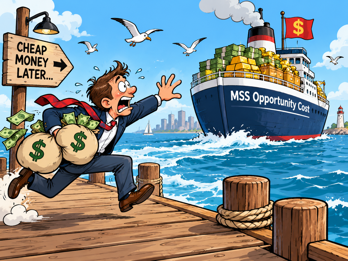 Cartoon man chasing a departing ship labeled