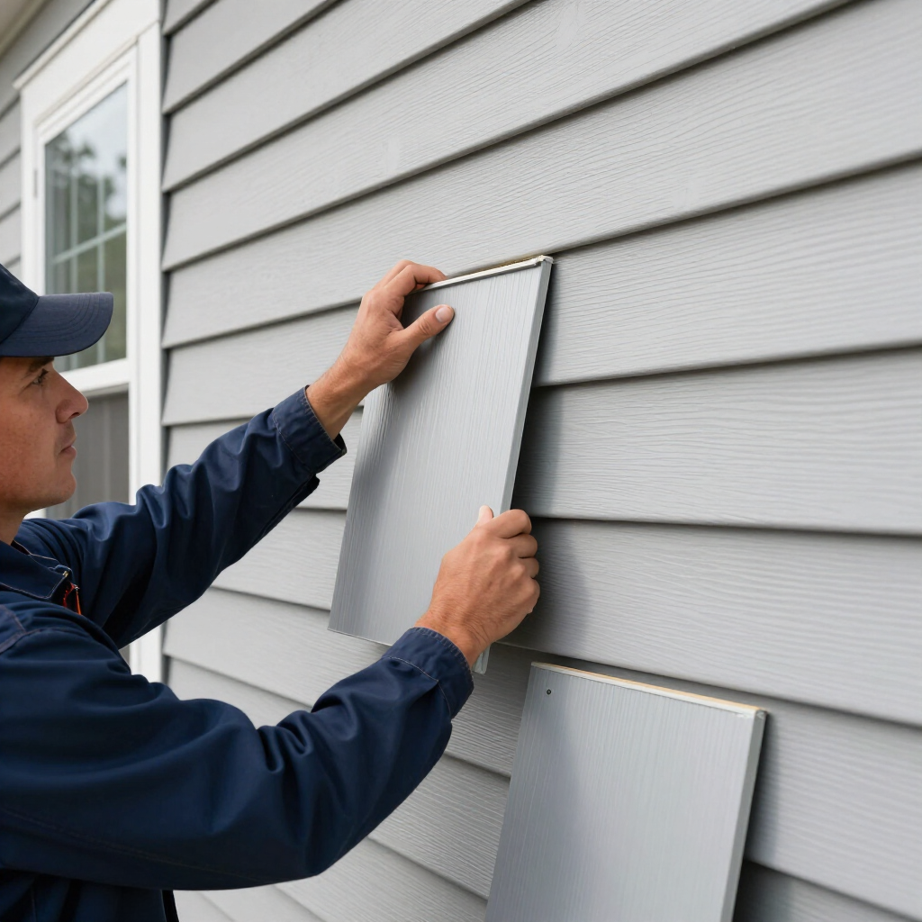 Person installing gray siding panels on a house exterior