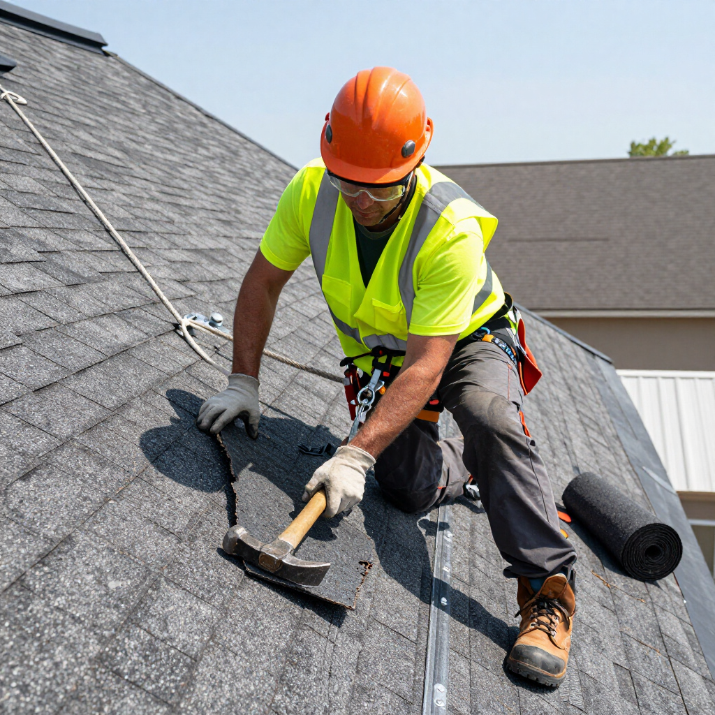 Worker in orange hard hat fixing a roof with a hammer and safety gear on a shingled rooftop