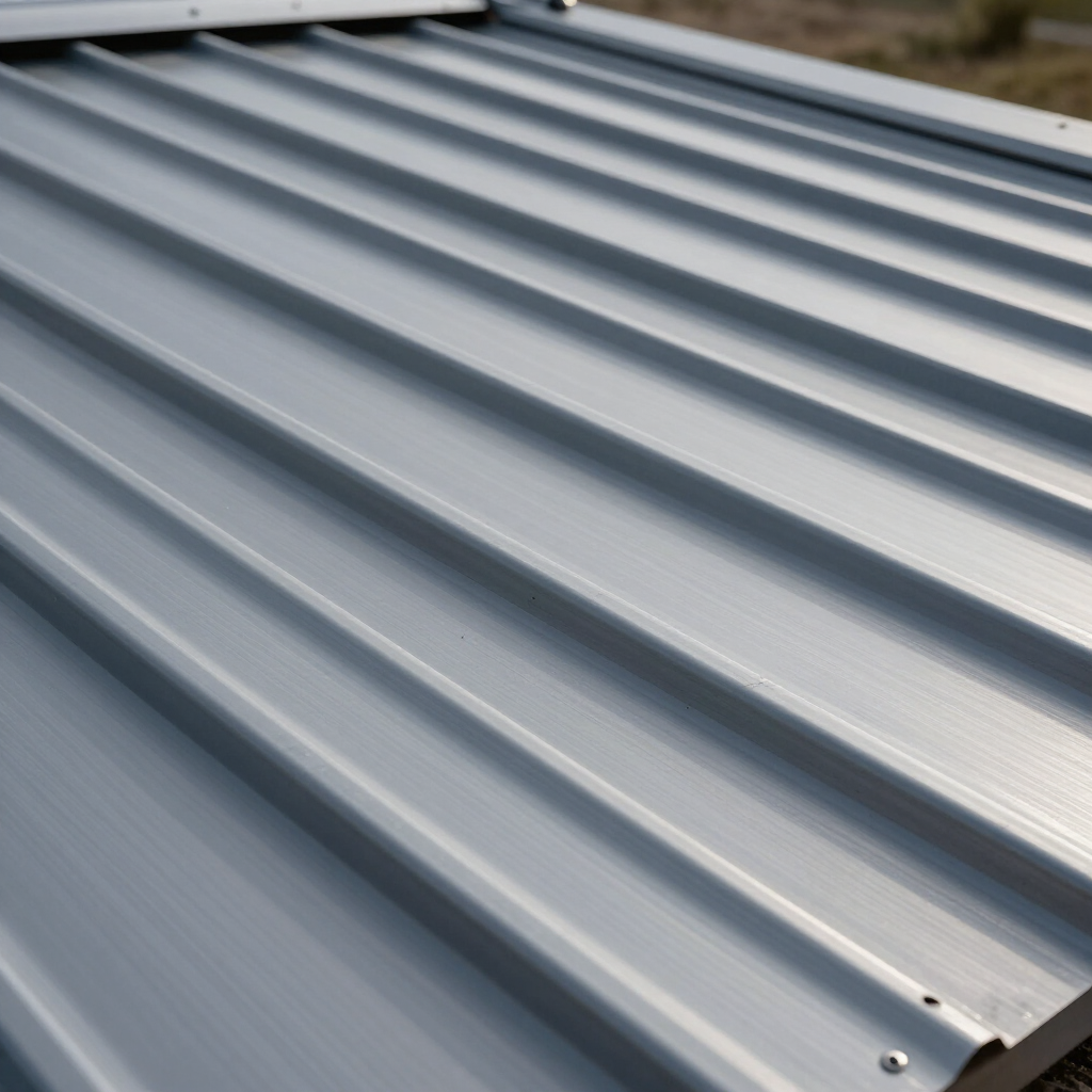 Close-up of gray corrugated metal roof panels with screws and seams