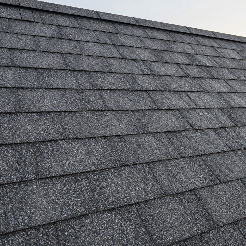 Gray shingled roof with overlapping asphalt shingles
