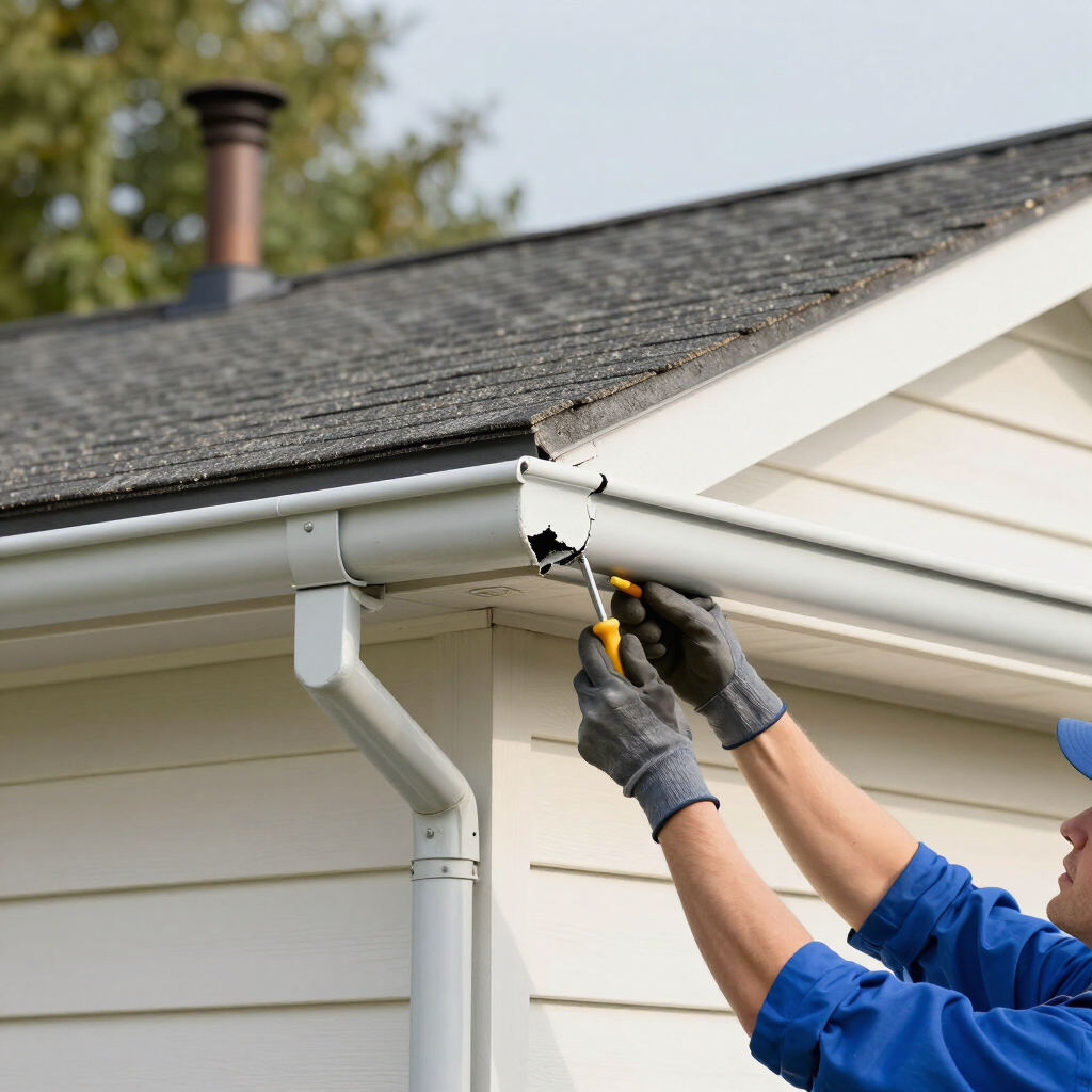 Technician in blue uniform repairing a white house gutter under the roofline.