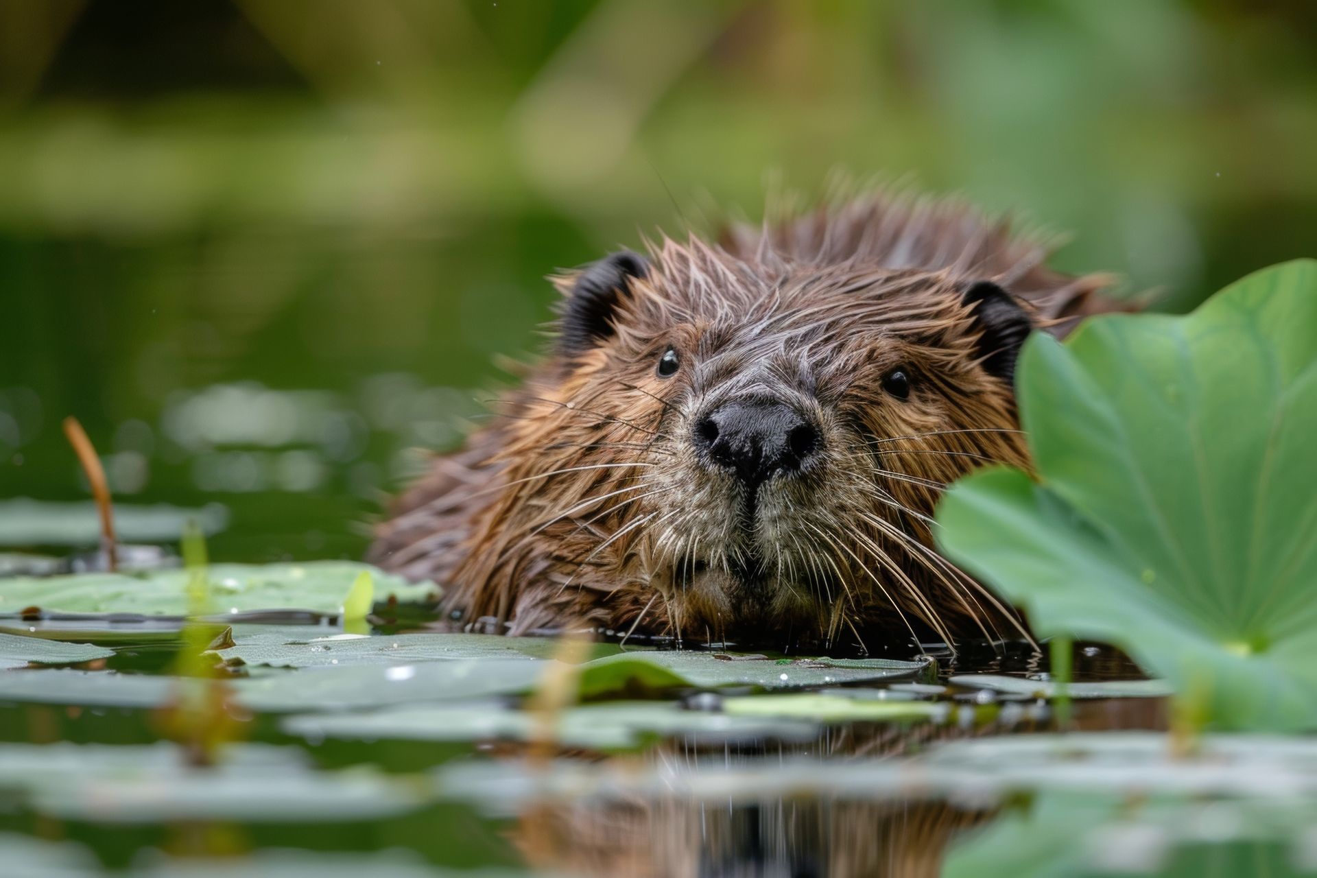 A beaver is swimming in a pond with lily pads.